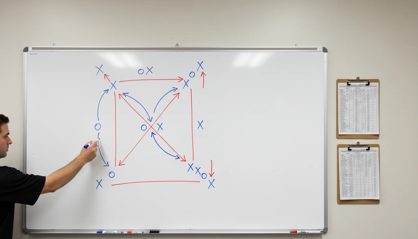 Tableau blanc avec schéma tactique de football américain et notes de stratégie manuscrites