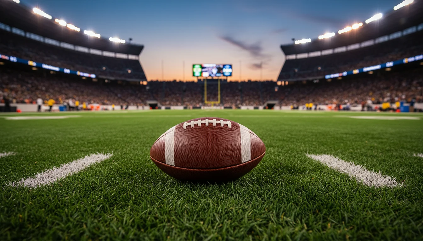 Stade de football américain éclairé sous les projecteurs en soirée de match NFL
