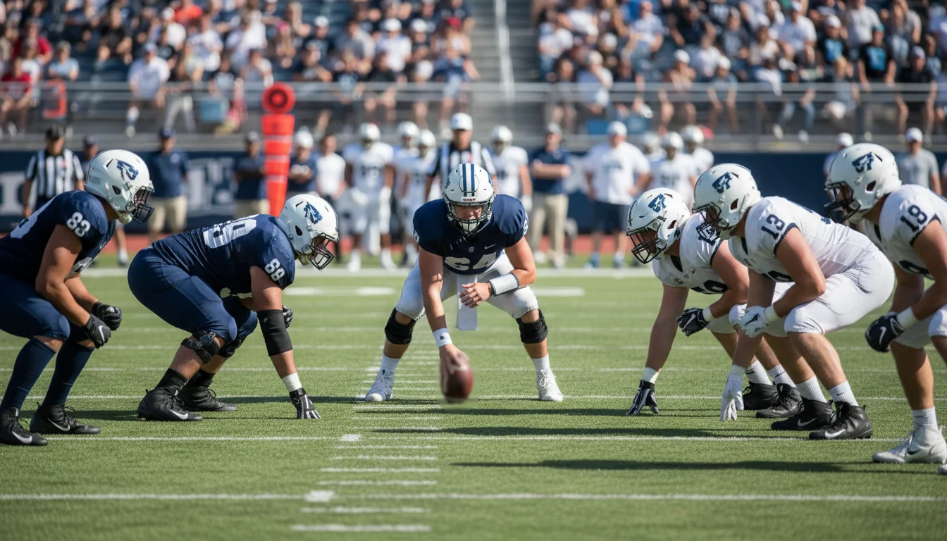 Joueurs de football américain en formation sur un terrain en gazon vert marqué de lignes blanches