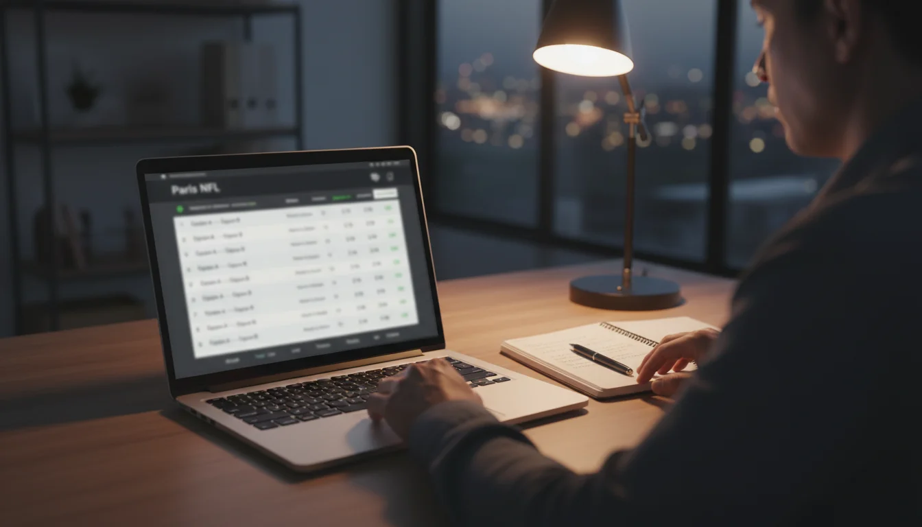 Personne analysant des cotes de paris sportifs NFL sur un écran d'ordinateur portable